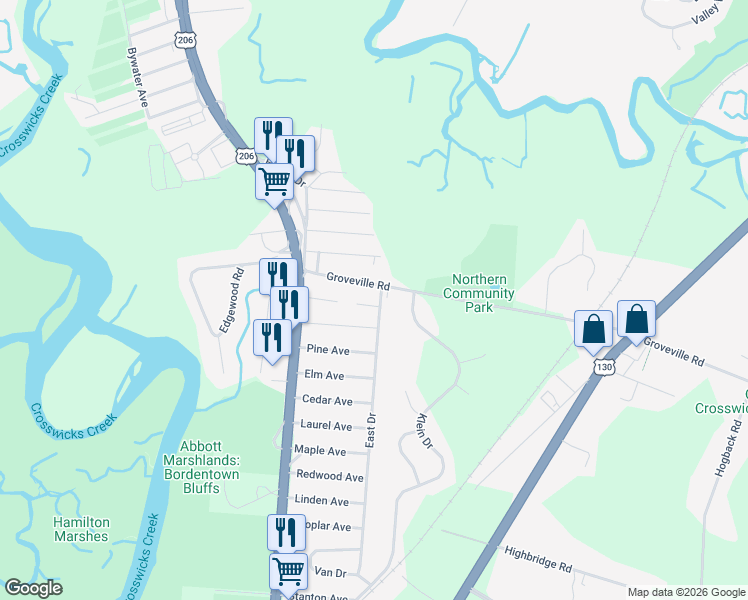 map of restaurants, bars, coffee shops, grocery stores, and more near 11 Groveville Road in Trenton