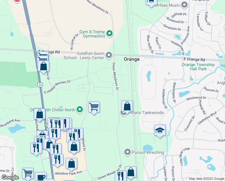 map of restaurants, bars, coffee shops, grocery stores, and more near Crane's Crossing Drive in Lewis Center