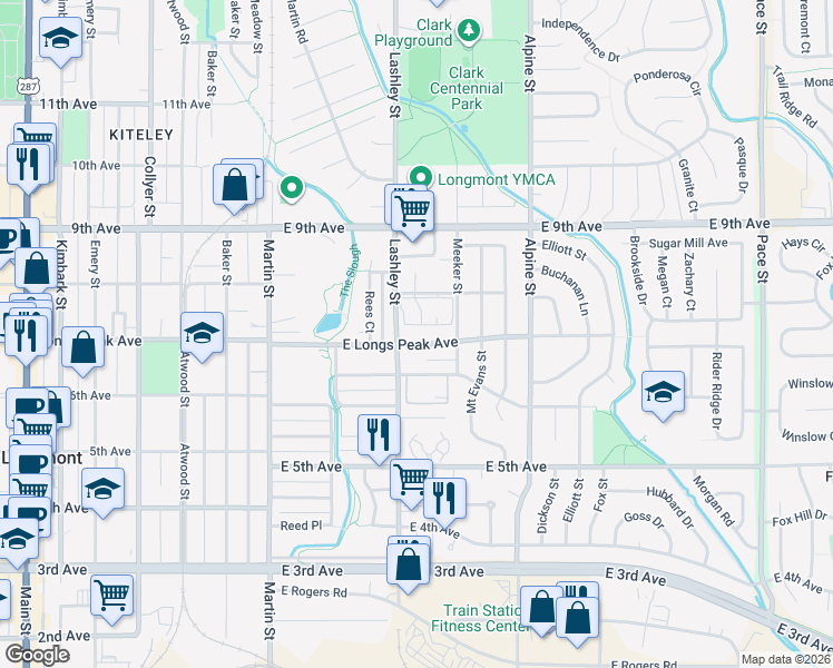 map of restaurants, bars, coffee shops, grocery stores, and more near 212 East Longs Peak Avenue in Longmont
