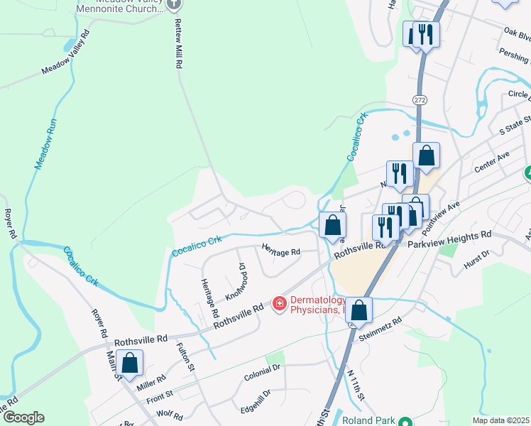map of restaurants, bars, coffee shops, grocery stores, and more near 2 Hilldale Drive in Ephrata