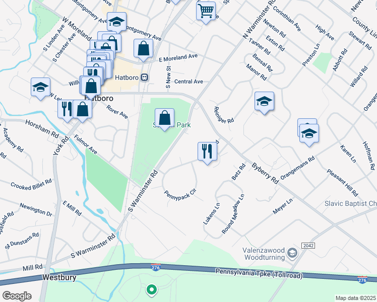 map of restaurants, bars, coffee shops, grocery stores, and more near 325 South Warminster Road in Hatboro