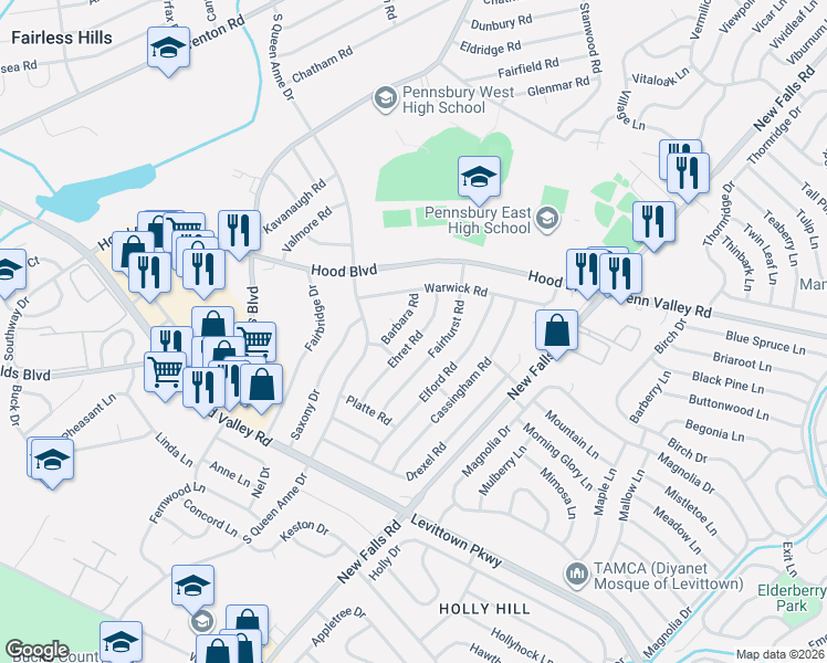 map of restaurants, bars, coffee shops, grocery stores, and more near 503 Ehret Road in Fairless Hills