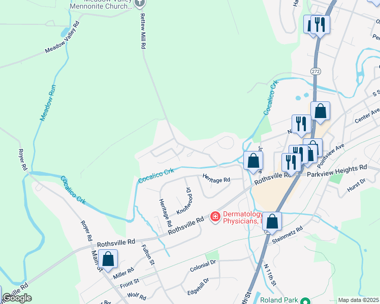 map of restaurants, bars, coffee shops, grocery stores, and more near 961 Rettew Mill Road in Ephrata