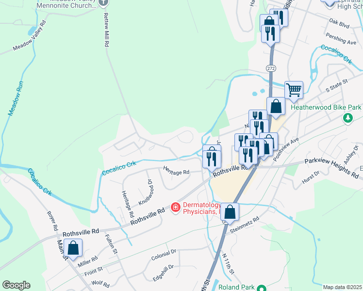 map of restaurants, bars, coffee shops, grocery stores, and more near 26 Hilldale Drive in Ephrata