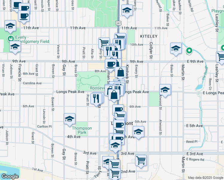 map of restaurants, bars, coffee shops, grocery stores, and more near 726 Coffman Street in Longmont