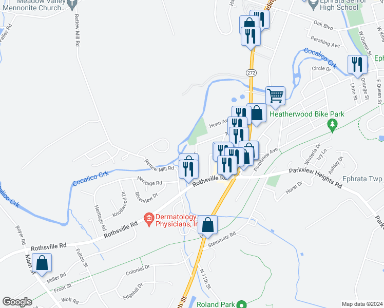 map of restaurants, bars, coffee shops, grocery stores, and more near 1025 James Avenue in Ephrata