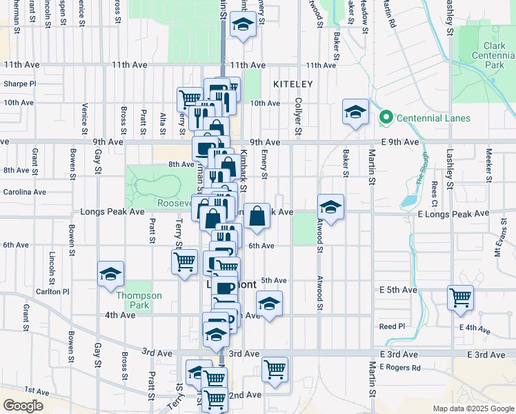 map of restaurants, bars, coffee shops, grocery stores, and more near 722 Kimbark Street in Longmont