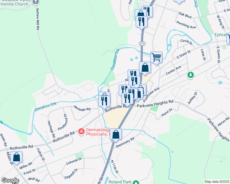 map of restaurants, bars, coffee shops, grocery stores, and more near 1059 Henn Avenue in Ephrata