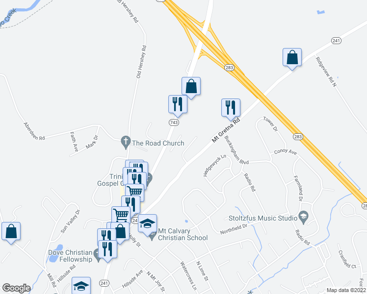 map of restaurants, bars, coffee shops, grocery stores, and more near 46 Ironstone Drive in Elizabethtown