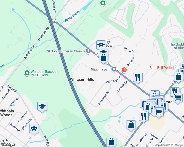 map of restaurants, bars, coffee shops, grocery stores, and more near 108 Whitpain Hills in Blue Bell