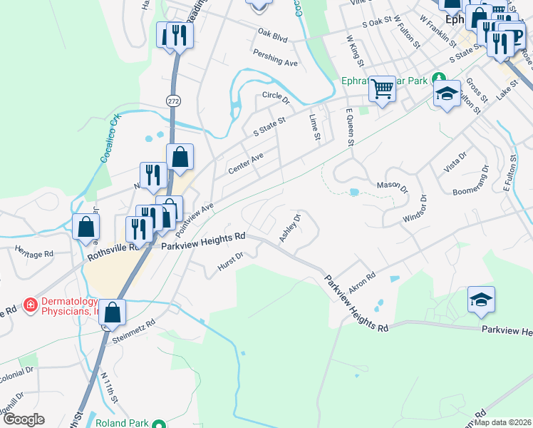 map of restaurants, bars, coffee shops, grocery stores, and more near 706 Primrose Lane in Ephrata