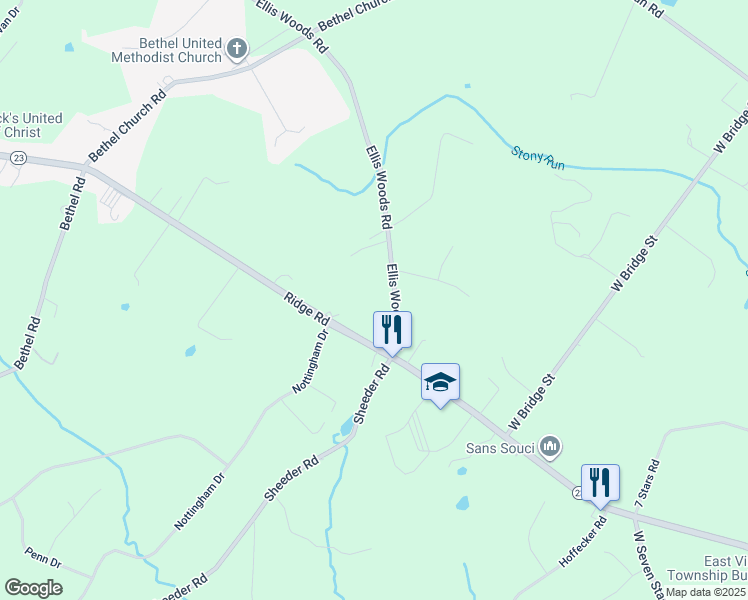 map of restaurants, bars, coffee shops, grocery stores, and more near 1624 Ellis Woods Road in Phoenixville