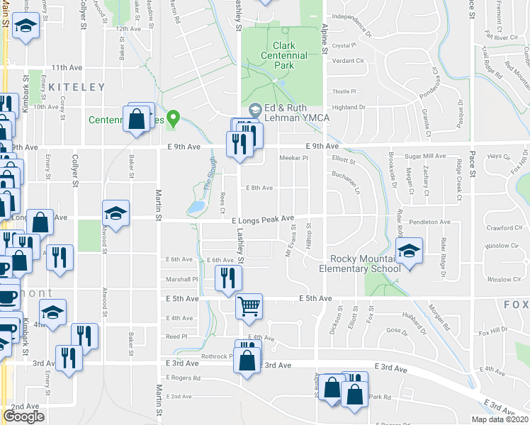 map of restaurants, bars, coffee shops, grocery stores, and more near 225 East 8th Avenue in Longmont
