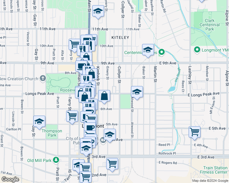 map of restaurants, bars, coffee shops, grocery stores, and more near 712 Darby Court in Longmont