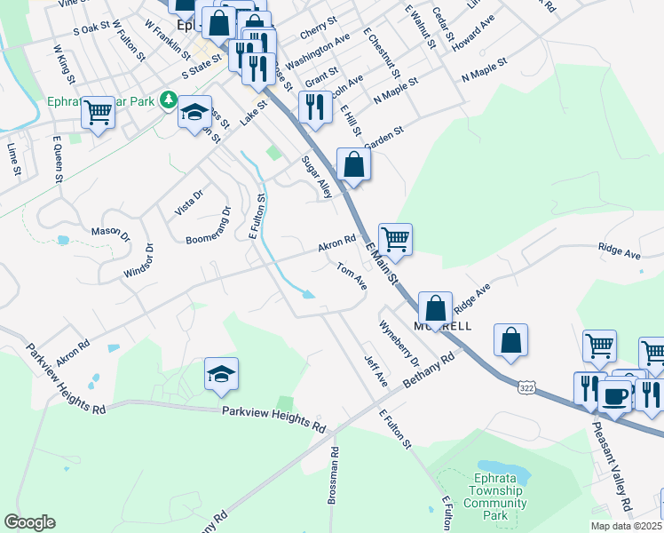 map of restaurants, bars, coffee shops, grocery stores, and more near 32 Akron Road in Ephrata