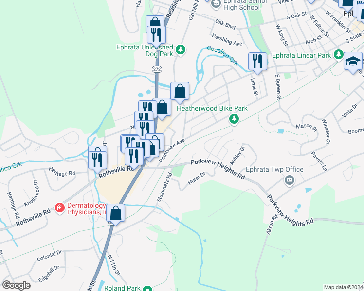 map of restaurants, bars, coffee shops, grocery stores, and more near 887 Pointview Avenue in Ephrata
