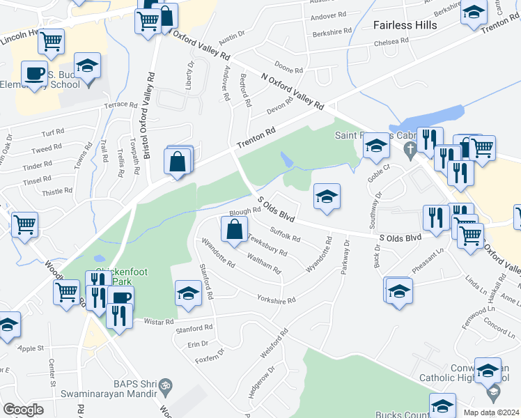 map of restaurants, bars, coffee shops, grocery stores, and more near 79 Blough Road in Fairless Hills