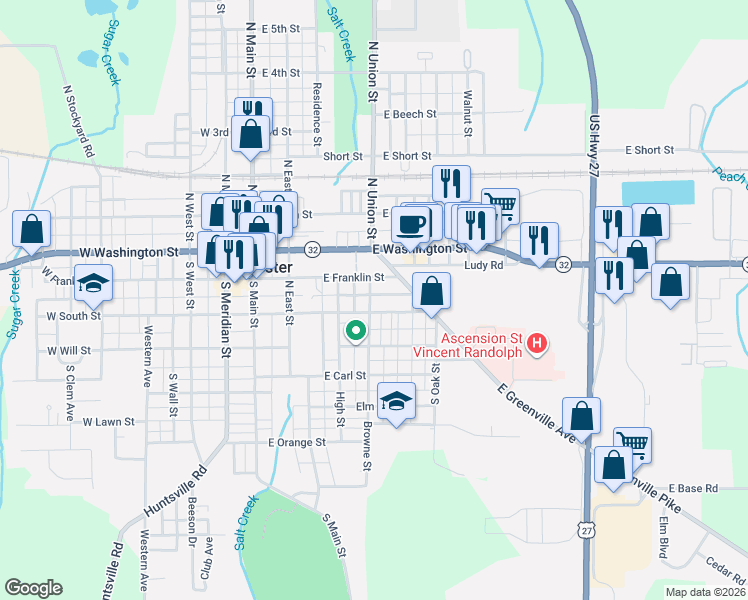 map of restaurants, bars, coffee shops, grocery stores, and more near 328 East Franklin Street in Winchester