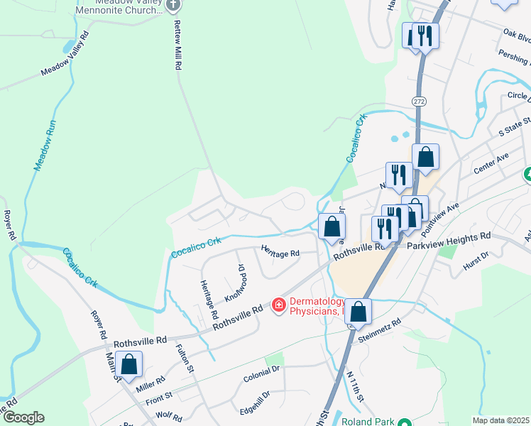 map of restaurants, bars, coffee shops, grocery stores, and more near 2 Hilldale Drive in Ephrata