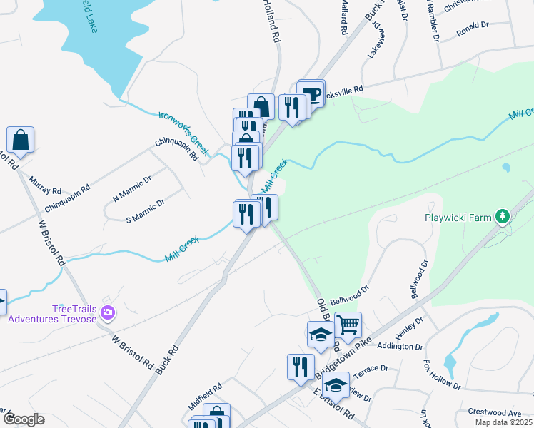 map of restaurants, bars, coffee shops, grocery stores, and more near 2321 Old Bristol Road in Bucks County