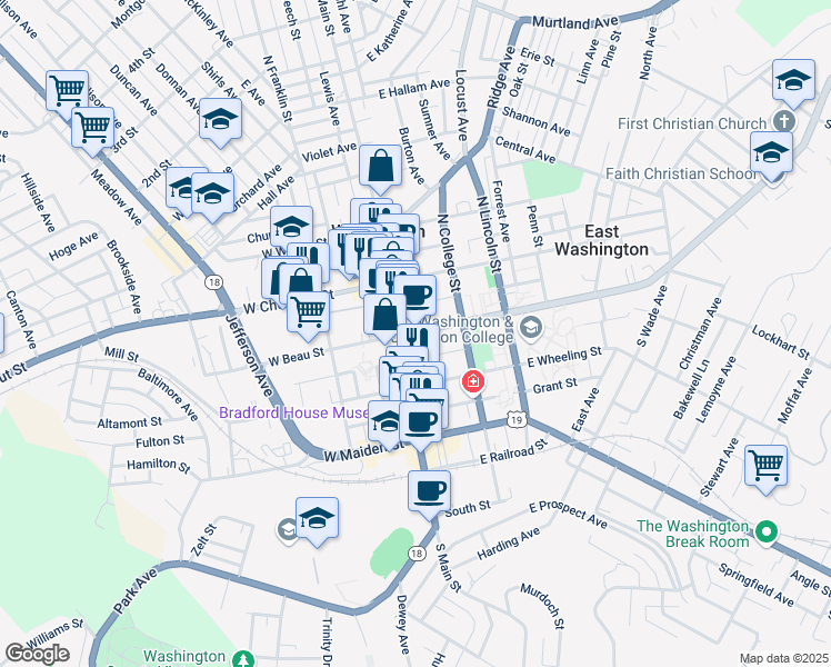 map of restaurants, bars, coffee shops, grocery stores, and more near 38 North Main Street in Washington