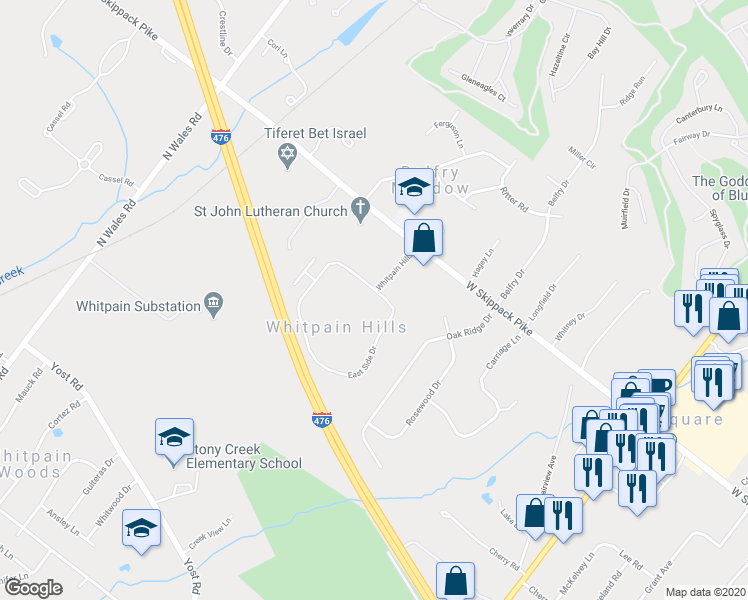 map of restaurants, bars, coffee shops, grocery stores, and more near 101 Whitpain Hills in Blue Bell