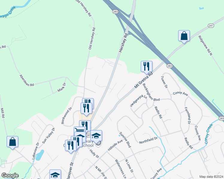 map of restaurants, bars, coffee shops, grocery stores, and more near Christy Court in Elizabethtown
