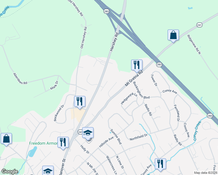 map of restaurants, bars, coffee shops, grocery stores, and more near 76 Ironstone Drive in Elizabethtown
