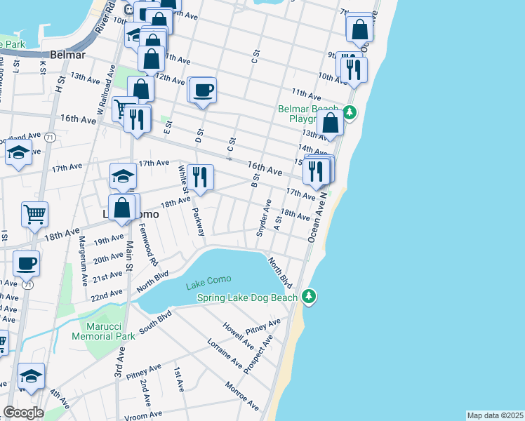 map of restaurants, bars, coffee shops, grocery stores, and more near 1710 Snyder Avenue in Belmar