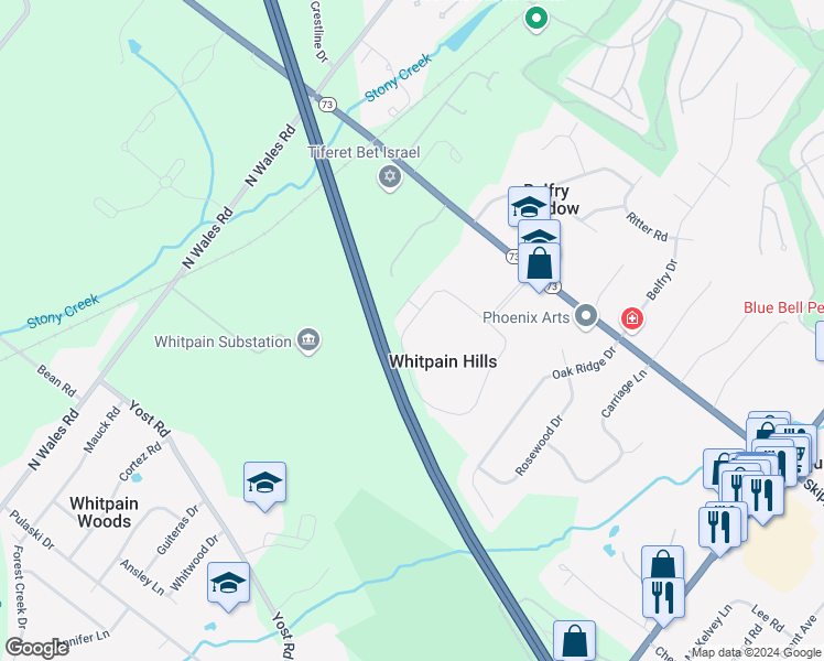 map of restaurants, bars, coffee shops, grocery stores, and more near 805 Whitpain Hills in Blue Bell