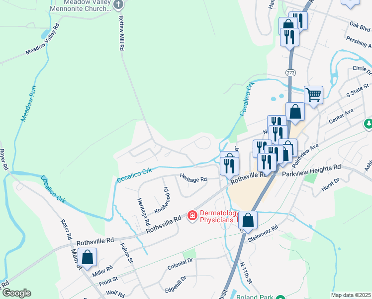 map of restaurants, bars, coffee shops, grocery stores, and more near 10 Hilldale Drive in Ephrata