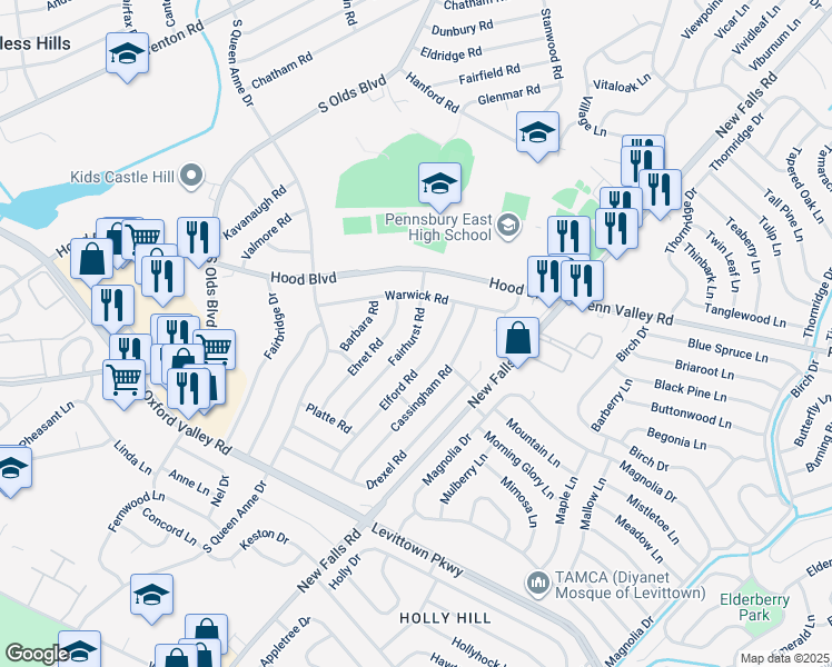 map of restaurants, bars, coffee shops, grocery stores, and more near 509 Fairhurst Road in Fairless Hills
