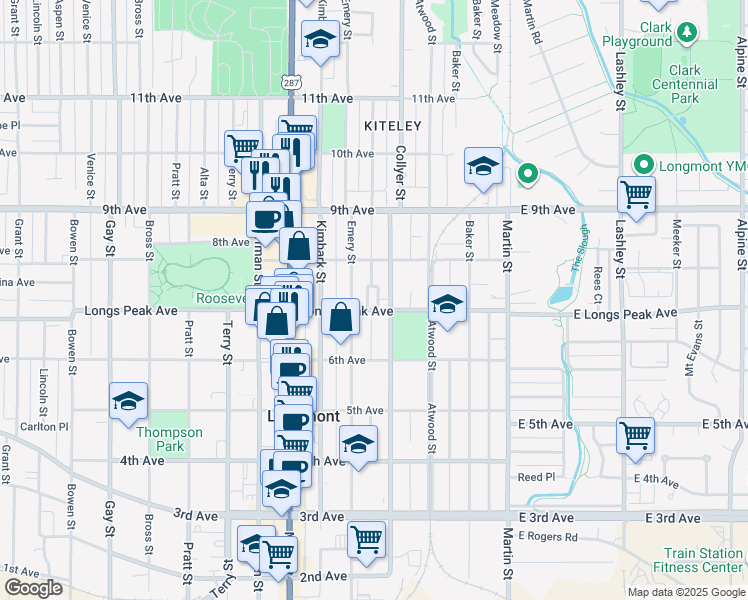 map of restaurants, bars, coffee shops, grocery stores, and more near 712 Darby Court in Longmont