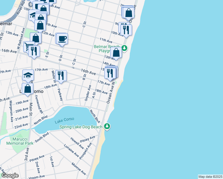 map of restaurants, bars, coffee shops, grocery stores, and more near 1607 Ocean Avenue in Belmar
