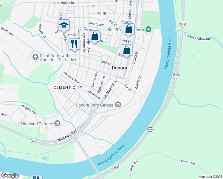 map of restaurants, bars, coffee shops, grocery stores, and more near 68 South McKean Avenue in Donora