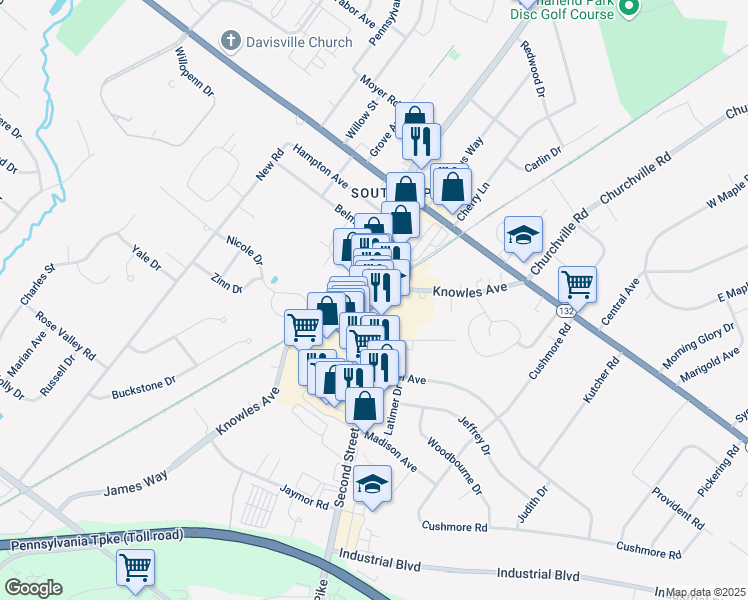 map of restaurants, bars, coffee shops, grocery stores, and more near 606 2nd Street Pike in Southampton