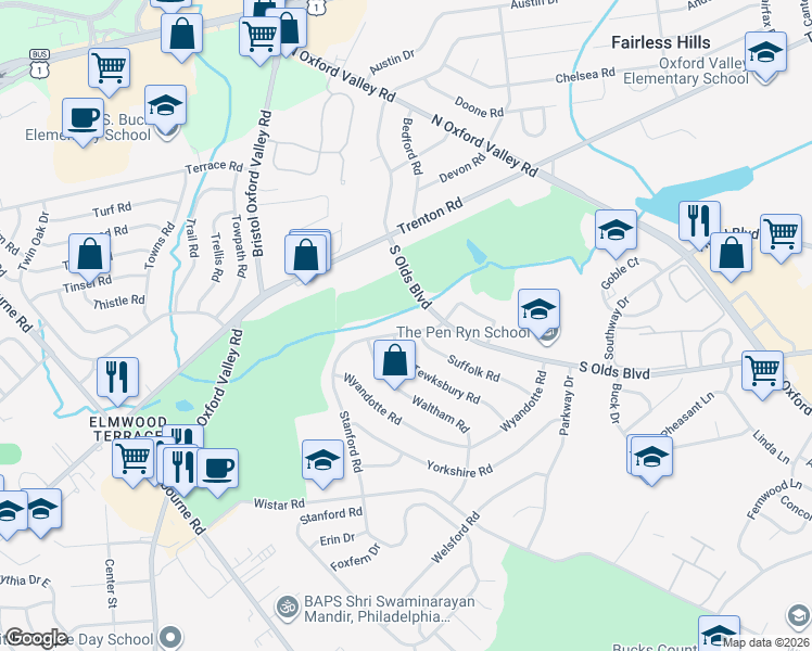 map of restaurants, bars, coffee shops, grocery stores, and more near 105 Blough Road in Fairless Hills