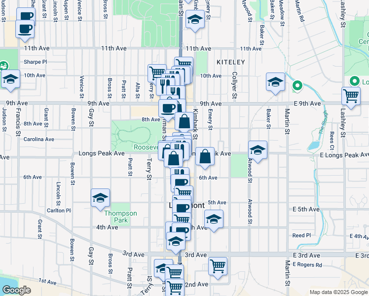 map of restaurants, bars, coffee shops, grocery stores, and more near 720 Main Street in Longmont