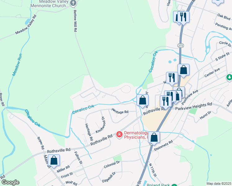 map of restaurants, bars, coffee shops, grocery stores, and more near 12 Hilldale Dr in Ephrata