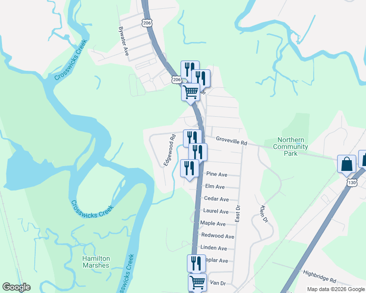map of restaurants, bars, coffee shops, grocery stores, and more near 15 Linden Road in Fieldsboro