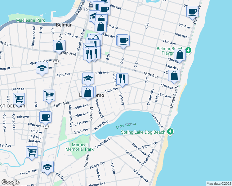 map of restaurants, bars, coffee shops, grocery stores, and more near 1800 Parkway in Lake Como