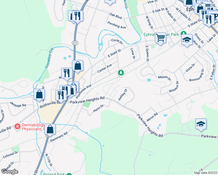 map of restaurants, bars, coffee shops, grocery stores, and more near 809 Wisteria Drive in Ephrata