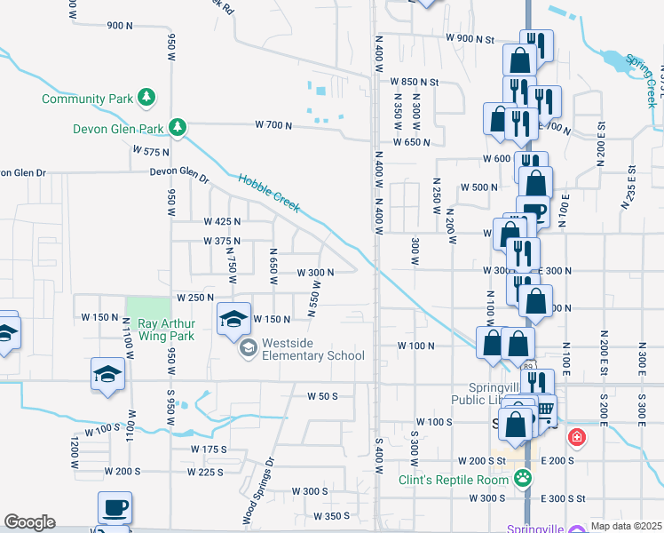 map of restaurants, bars, coffee shops, grocery stores, and more near 532 West 300 South in Springville
