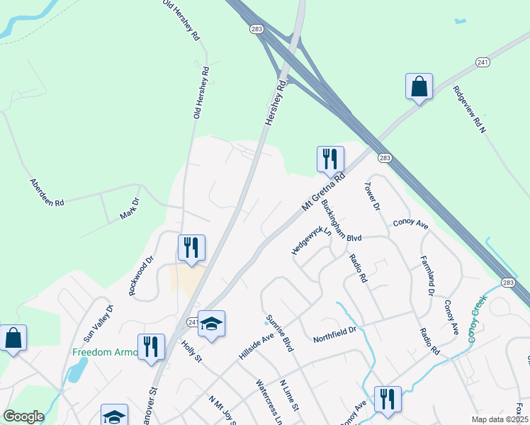 map of restaurants, bars, coffee shops, grocery stores, and more near 54 Ironstone Drive in Elizabethtown
