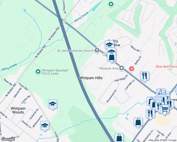 map of restaurants, bars, coffee shops, grocery stores, and more near 1002 Whitpain Hills in Blue Bell