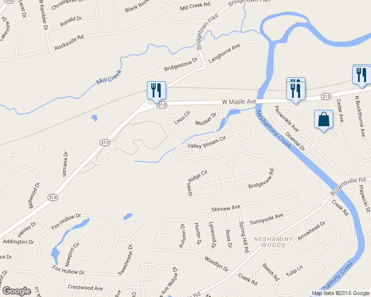 map of restaurants, bars, coffee shops, grocery stores, and more near 598 Valley Stream Circle in Feasterville-Trevose