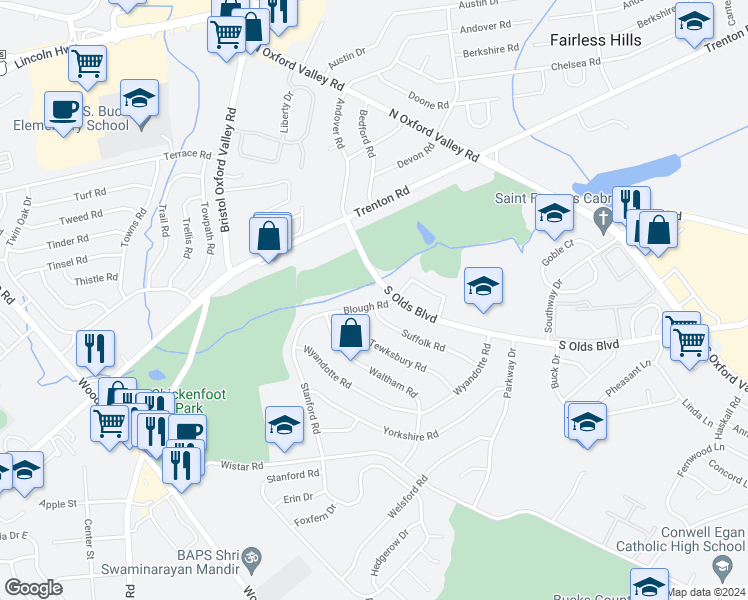 map of restaurants, bars, coffee shops, grocery stores, and more near 105 Blough Road in Fairless Hills