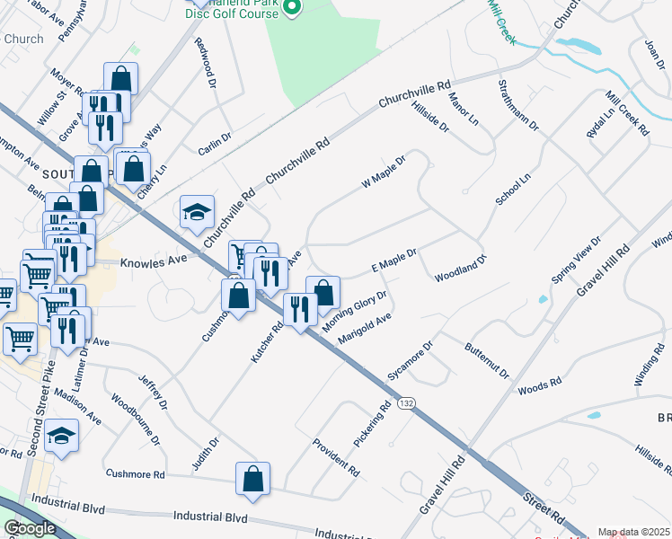 map of restaurants, bars, coffee shops, grocery stores, and more near 834 East Maple Drive in Southampton