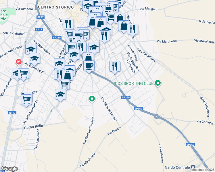 map of restaurants, bars, coffee shops, grocery stores, and more near 46 Via XXV Luglio in Nardò