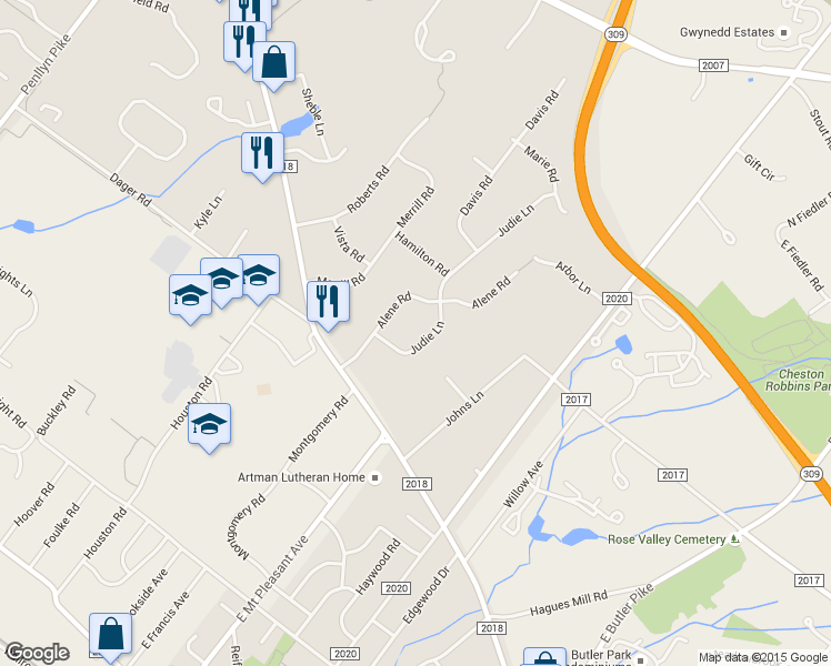 map of restaurants, bars, coffee shops, grocery stores, and more near 715 Judie Lane in Ambler
